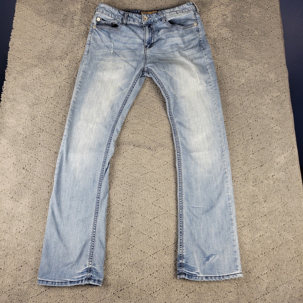 Seven7 Jeans Mens 34x34 Blue Slim Fit Boot Faded Bootcut Flap Pocket Whisker